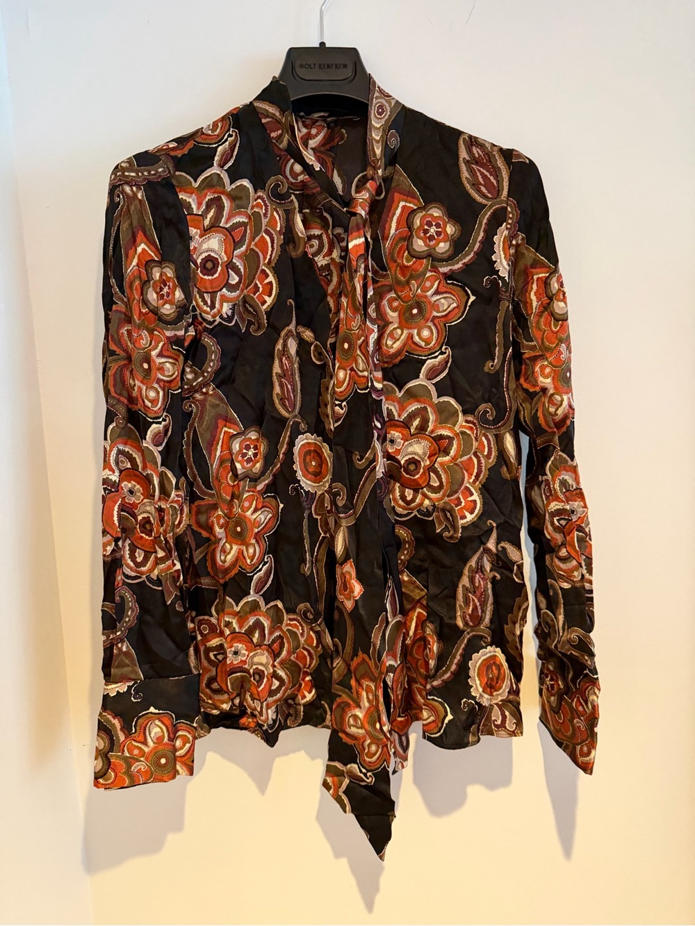 Lafayette 148 New York Black Floral Tie-Neck Button-Down Shirt